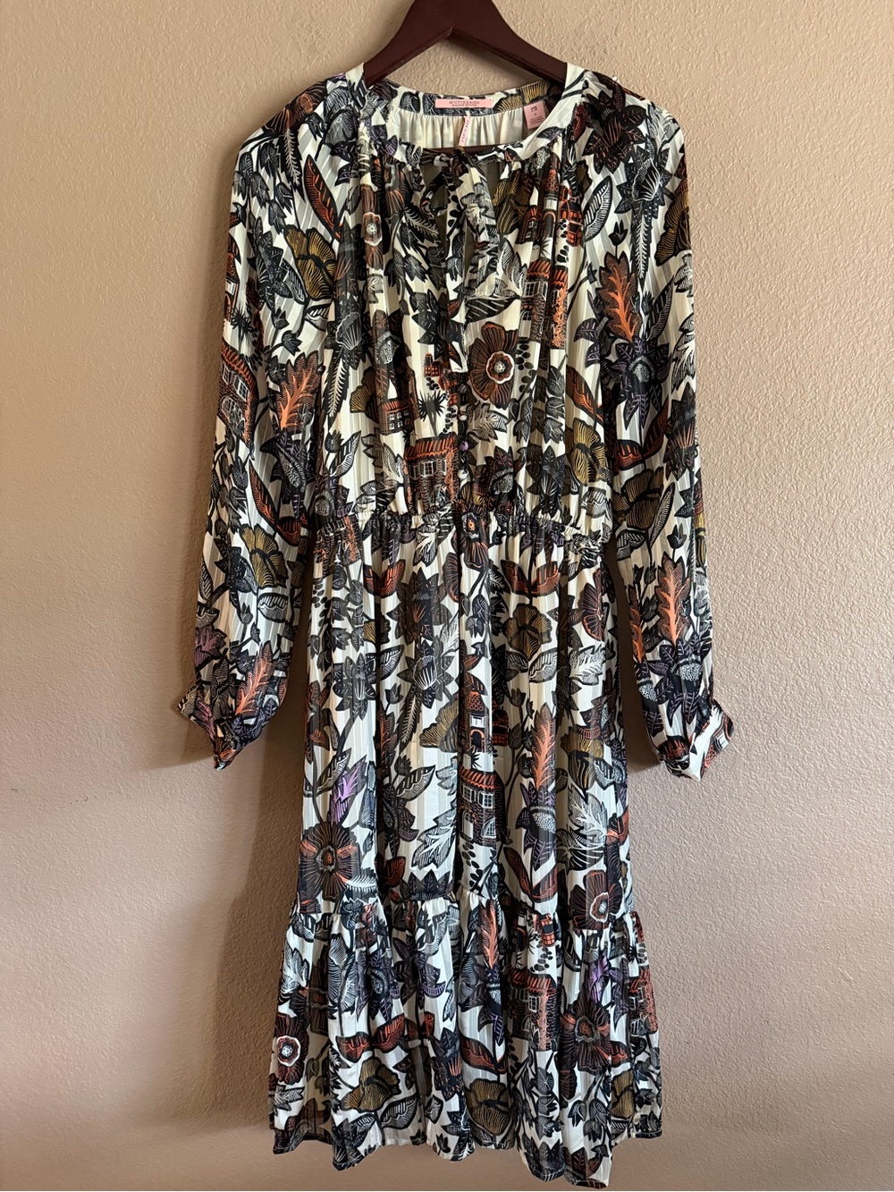 Scotch & Soda Cream Folkloric Print Long Sleeve Midi Dress with Front Tie Size S